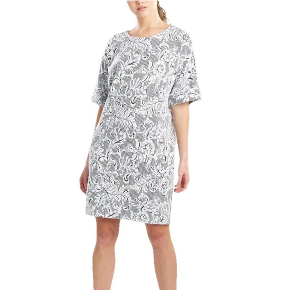 Natori Womens Floral Jacquard Pull Over T Shirt Dress XS Black White Pockets NWT